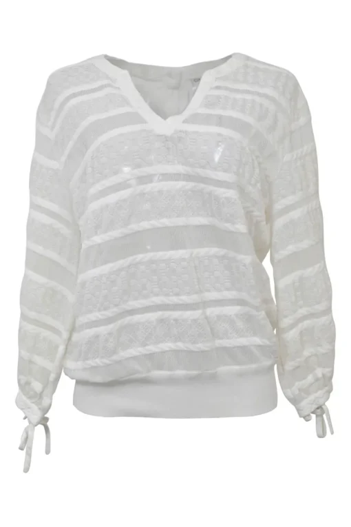 Ivory cotton-blend lace paneled peek-a-boo pullover Y-collar top with enamel Coco Mark shank button back