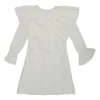 Ivory cotton-blend paneled lace illusion top with Jabot Berth collar and flounce cuff sleeves