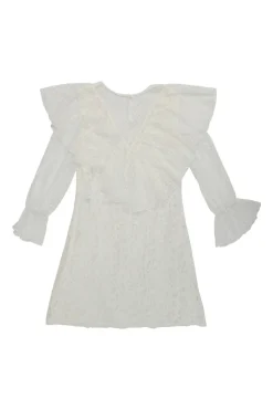 Ivory cotton-blend paneled lace illusion top with Jabot Berth collar and flounce cuff sleeves
