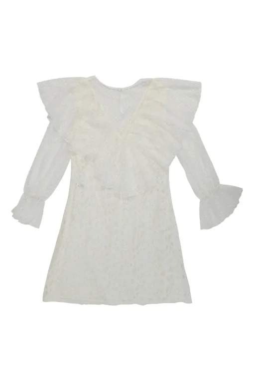 Ivory cotton-blend paneled lace illusion top with Jabot Berth collar and flounce cuff sleeves