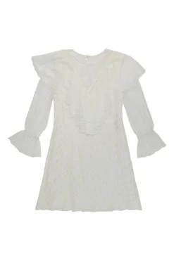 Ivory cotton-blend paneled lace illusion top with Jabot Berth collar and flounce cuff sleeves