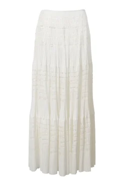 Ivory cotton-polyester blend lattice woven laser-cut seamless knit pull-on A-line maxi skirt with plissé detailing
