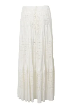 Ivory cotton-polyester blend lattice woven laser-cut seamless knit pull-on A-line maxi skirt with plissé detailing