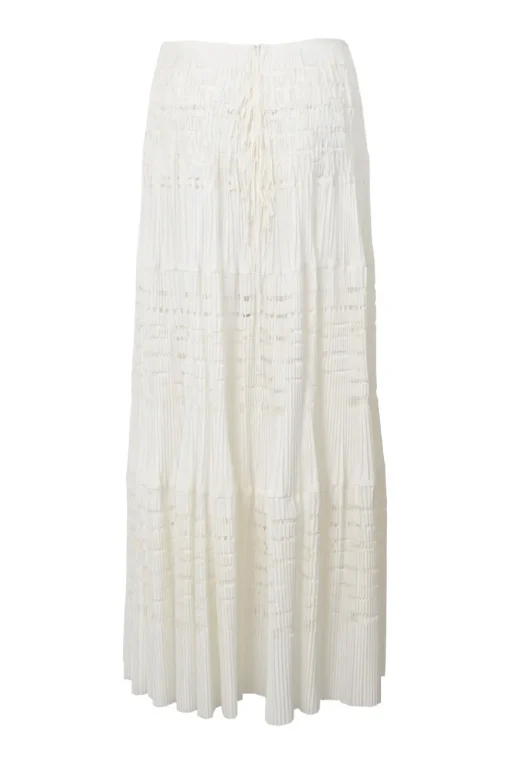 Ivory cotton-polyester blend lattice woven laser-cut seamless knit pull-on A-line maxi skirt with plissé detailing