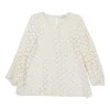 Ivory cotton-silk blend floral guipure lace flounce sleeve swing top