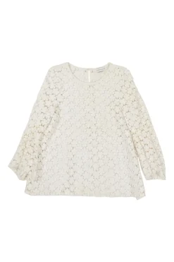 Ivory cotton-silk blend floral guipure lace flounce sleeve swing top