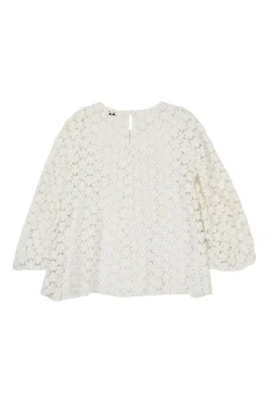 Ivory cotton-silk blend floral guipure lace flounce sleeve swing top
