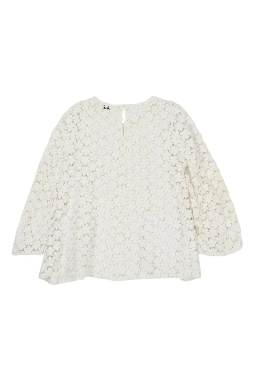 Ivory cotton-silk blend floral guipure lace flounce sleeve swing top