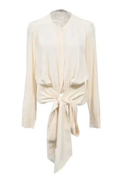 Ivory crepe round neck tie-waist blouson with concealed placket