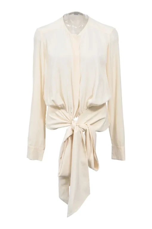 Ivory crepe round neck tie-waist blouson with concealed placket