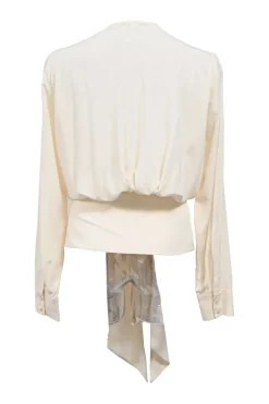 Ivory crepe round neck tie-waist blouson with concealed placket
