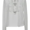 Ivory crystal bow-embellished pintuck ruffle bib band collar blouse with keyhole back