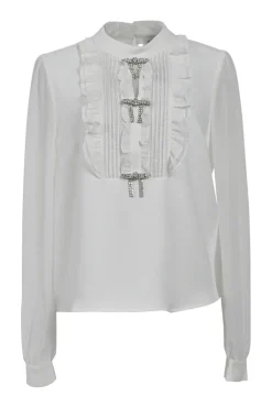 Ivory crystal bow-embellished pintuck ruffle bib band collar blouse with keyhole back