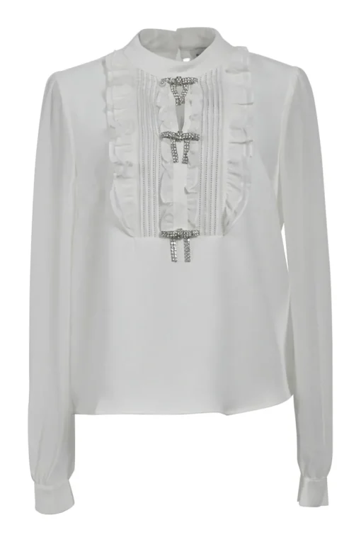 Ivory crystal bow-embellished pintuck ruffle bib band collar blouse with keyhole back