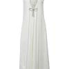 Ivory crystal bow-embellished rayon-blend2 plunge neck midi A-line dress