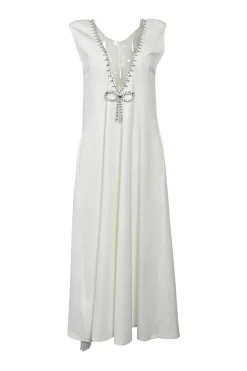Ivory crystal bow-embellished rayon-blend2 plunge neck midi A-line dress
