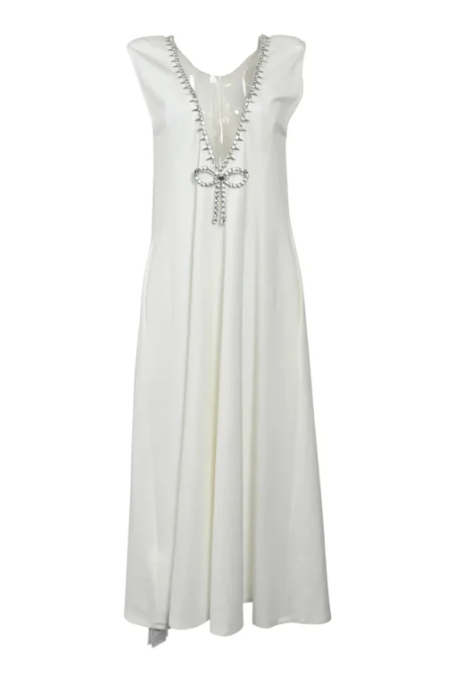 Ivory crystal bow-embellished rayon-blend2 plunge neck midi A-line dress