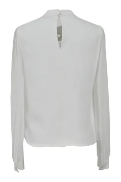 Ivory crystal bow-embellished pintuck ruffle bib band collar blouse with keyhole back