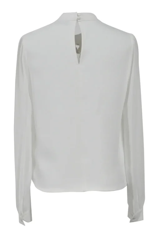 Ivory crystal bow-embellished pintuck ruffle bib band collar blouse with keyhole back