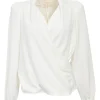 Ivory draped polyester stand collar wrap-effect blouson sleeve top