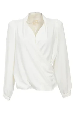 Ivory draped polyester stand collar wrap-effect blouson sleeve top