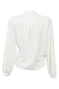 Ivory draped polyester stand collar wrap-effect blouson sleeve top