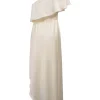 Ivory draped satin one-shoulder tie-waist asymmetric midi dress with flutter capelet bodice