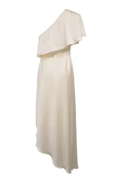 Ivory draped satin one-shoulder tie-waist asymmetric midi dress with flutter capelet bodice