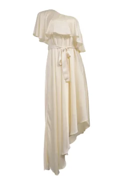 Ivory draped satin one-shoulder tie-waist asymmetric midi dress with flutter capelet bodice