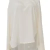 Ivory draped silk convertible foulard blouse with button-loop bishop sleeves
