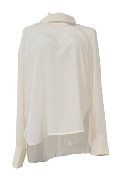 Ivory draped silk convertible foulard blouse with button-loop bishop sleeves