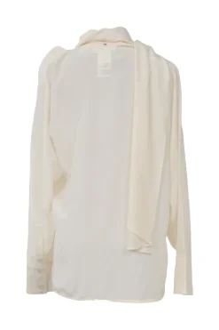 Ivory draped silk convertible foulard blouse with button-loop bishop sleeves