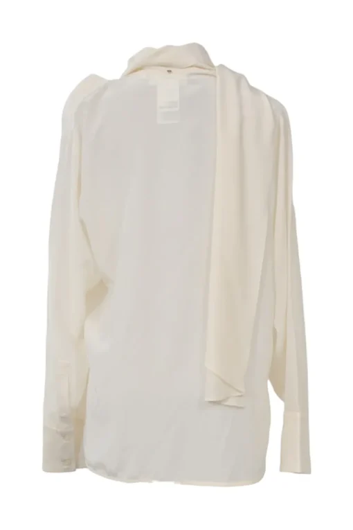 Ivory draped silk convertible foulard blouse with button-loop bishop sleeves