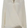 Ivory draped silk stand collar wrap-effect plunge neck blouse with high-low hem