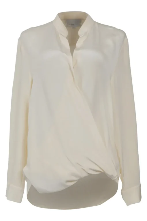 Ivory draped silk stand collar wrap-effect plunge neck blouse with high-low hem