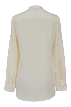 Ivory draped silk stand collar wrap-effect plunge neck blouse with high-low hem