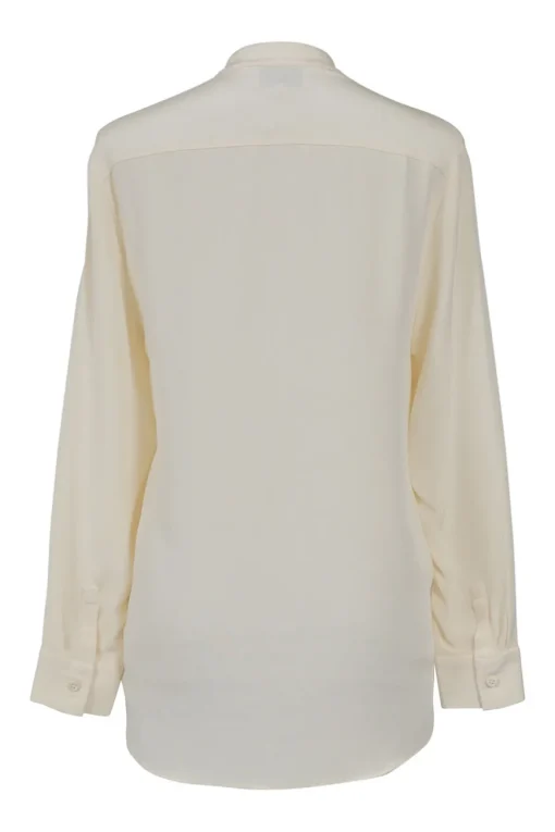 Ivory draped silk stand collar wrap-effect plunge neck blouse with high-low hem