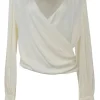 Ivory draped silk-blend wrap-effect plunge neck blouse with bishop sleeves