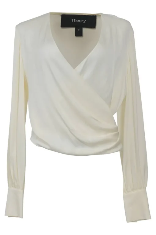 Ivory draped silk-blend wrap-effect plunge neck blouse with bishop sleeves