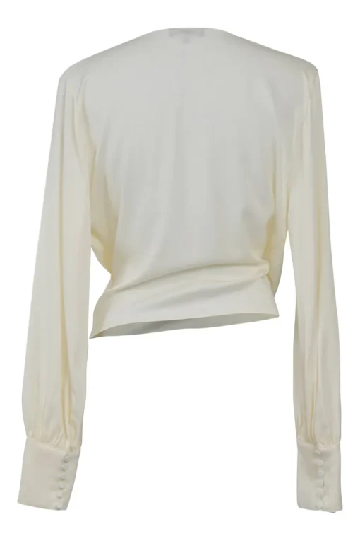 Ivory draped silk-blend wrap-effect plunge neck blouse with bishop sleeves