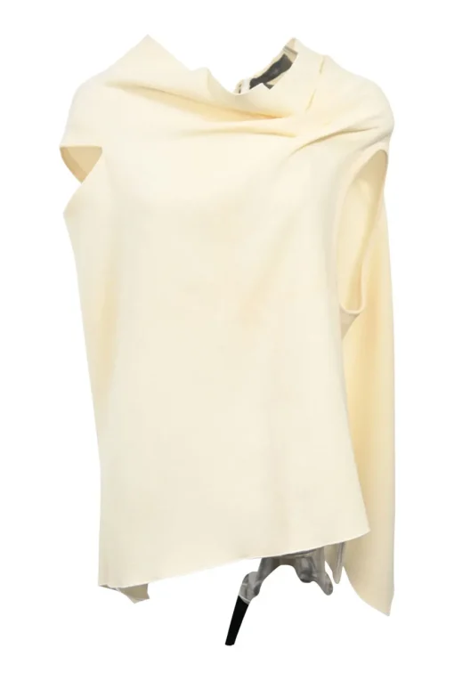 Ivory draped wool crepe cowl-neck asymmetric sleeveless top with back tie