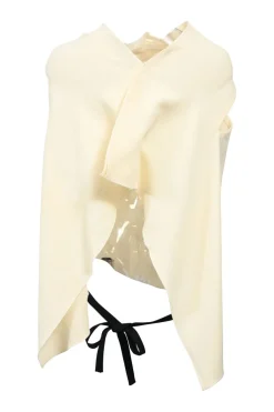 Ivory draped wool crepe cowl-neck asymmetric sleeveless top with back tie