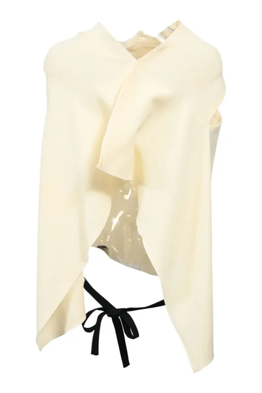 Ivory draped wool crepe cowl-neck asymmetric sleeveless top with back tie