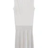 Ivory elastane fully-fashioned metallic tank dress with smock-embroidered plissé hem