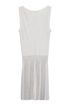 Ivory elastane fully-fashioned metallic tank dress with smock-embroidered plissé hem