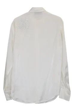 Ivory embellished cotton-blend classic collar button-front shirt with crystal spider-web motif