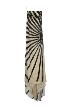 Ivory embellished polyamide mesh strapless draped gown featuring diagonal bead broderie motif