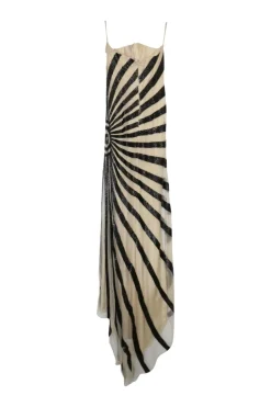 Ivory embellished polyamide mesh strapless draped gown featuring diagonal bead broderie motif