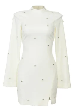 Ivory embellished polyester-blend mock neck cutout back long sleeve mini cocktail dress