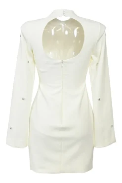 Ivory embellished polyester-blend mock neck cutout back long sleeve mini cocktail dress